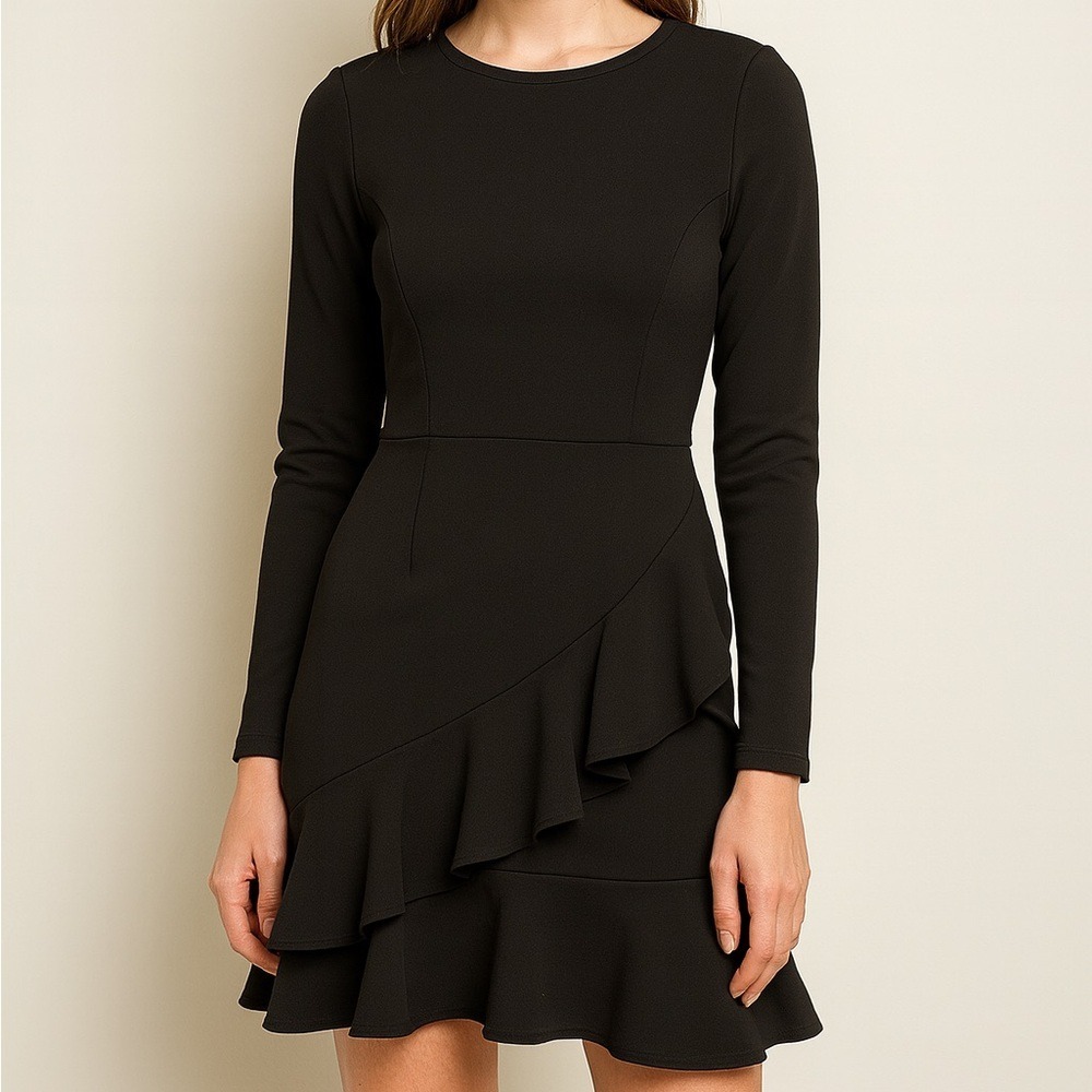 Hello Molly Black Long Sleeve Ruffled Mini Dress